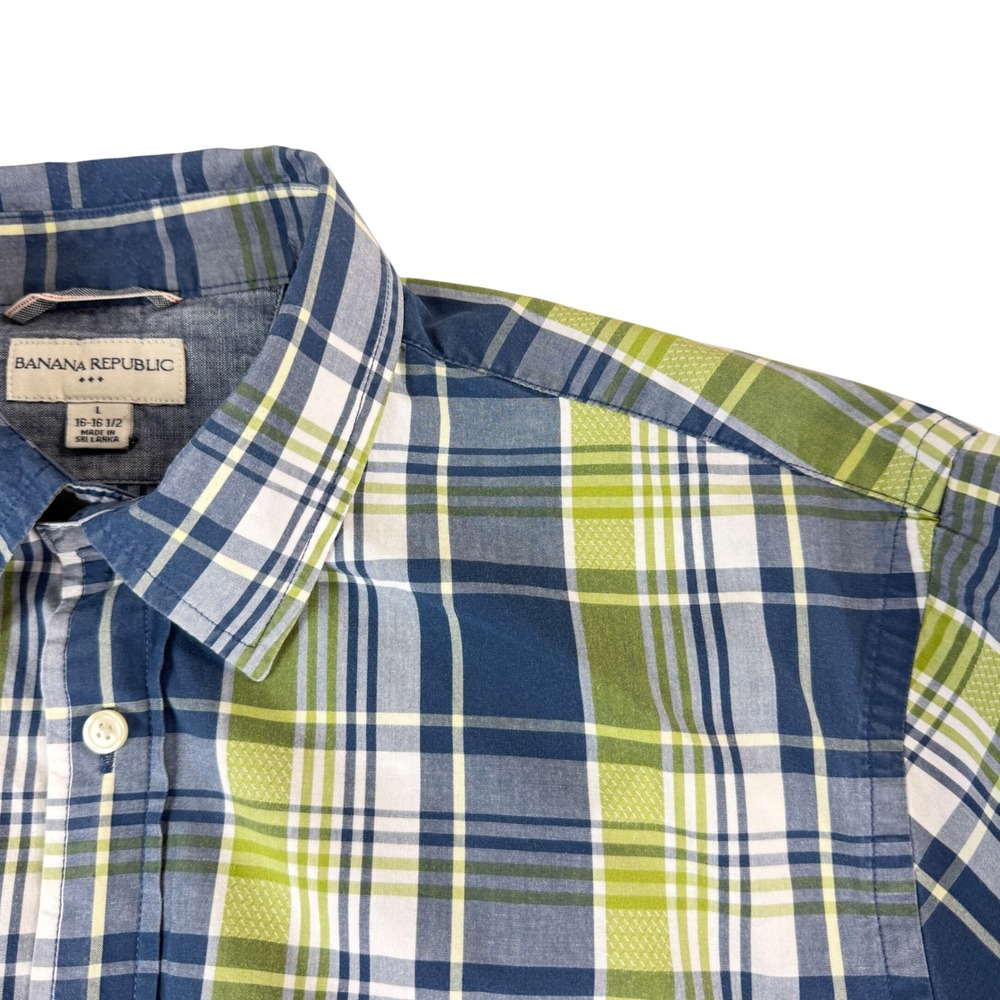 Banana‎ Republic Men L Button Up Long Sleeve Shirt Blue Green Plaid Classic Prep